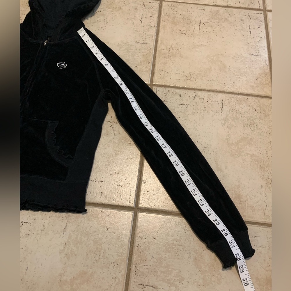 Y2K Black Velour Zip-Up Cropped Hoodie | Ruffle Trim S/P - Picture 7 of 7
